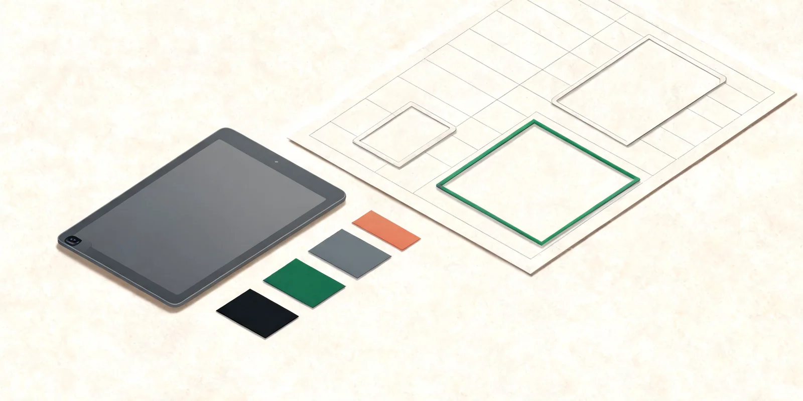 editorialní ilustrace AI nástrojů pro obraz, design a prezentace pro téma AI nástroje pro design a prezentace