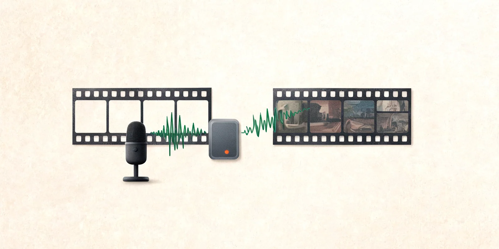 editorialní ilustrace AI pracovního postupu pro video a zvuk pro téma AI nástroje pro faceless YouTube kanál