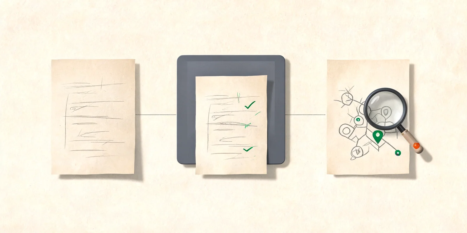 editorialní ilustrace AI workflow pro psaní, obsah a SEO pro téma AI nástroje pro psaní blogových článků
