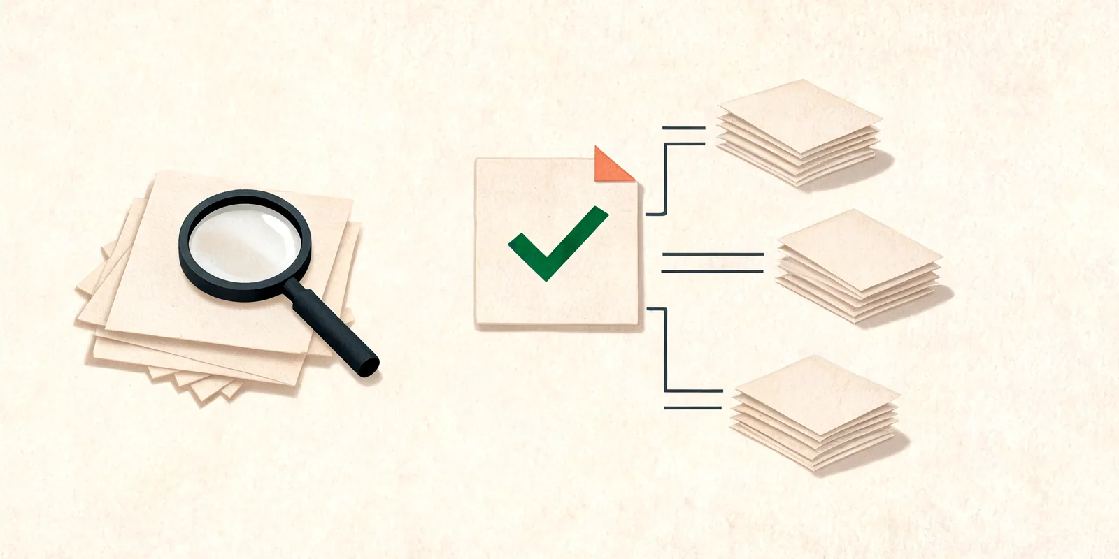 editorialní ilustrace AI workflow pro rešerši a práci s dokumenty pro téma AI nástroje pro tvorbu webu