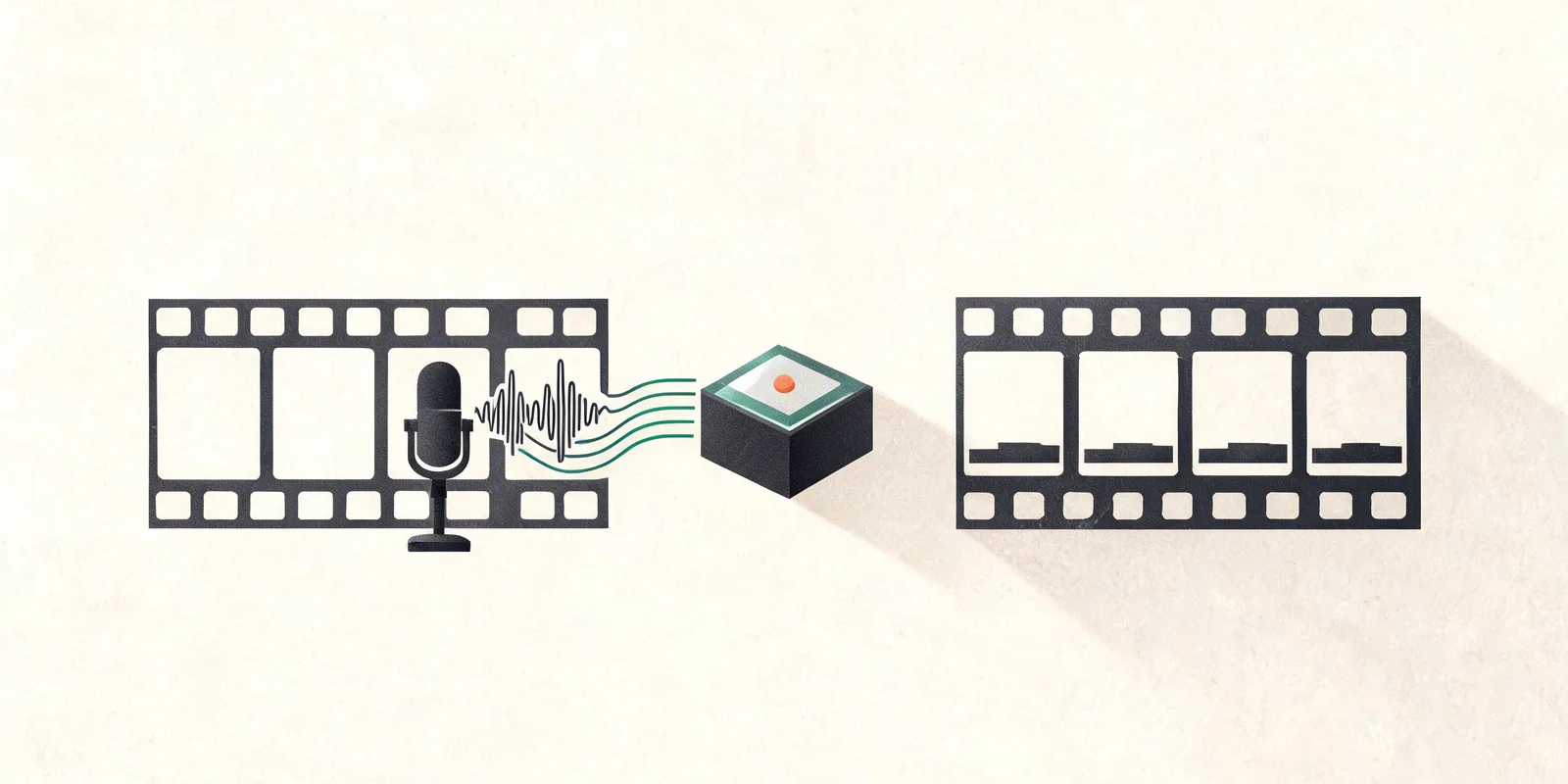 editorialní ilustrace AI pracovního postupu pro video a zvuk pro téma AI nástroje pro titulky do videa