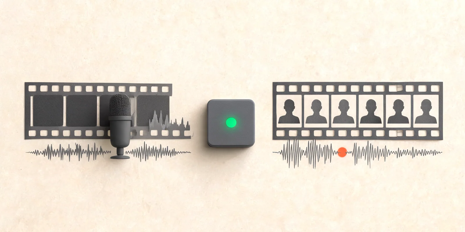 editorialní ilustrace AI pracovního postupu pro video a zvuk pro téma AI avatar video generátor